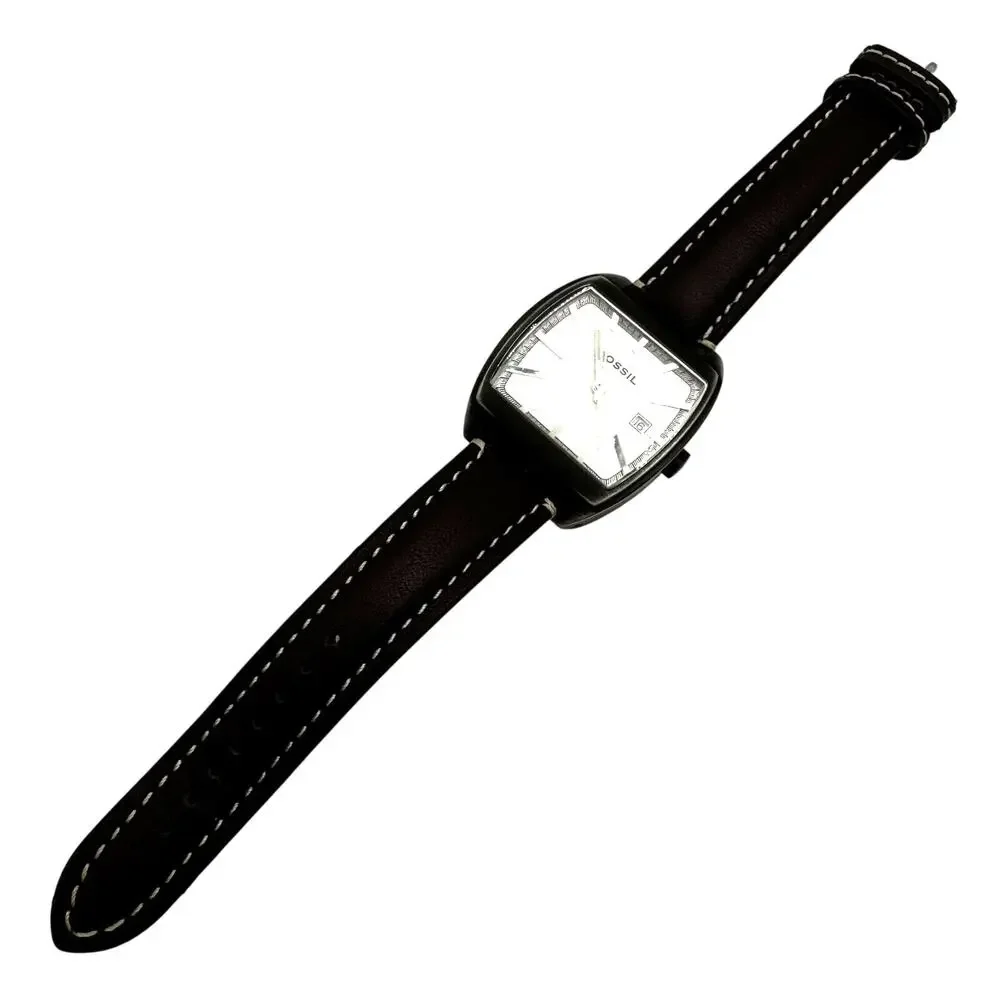 FOSSIL Vintage Quartz Stainless Steel Silver Watch Black Leather Band y2k Dakota